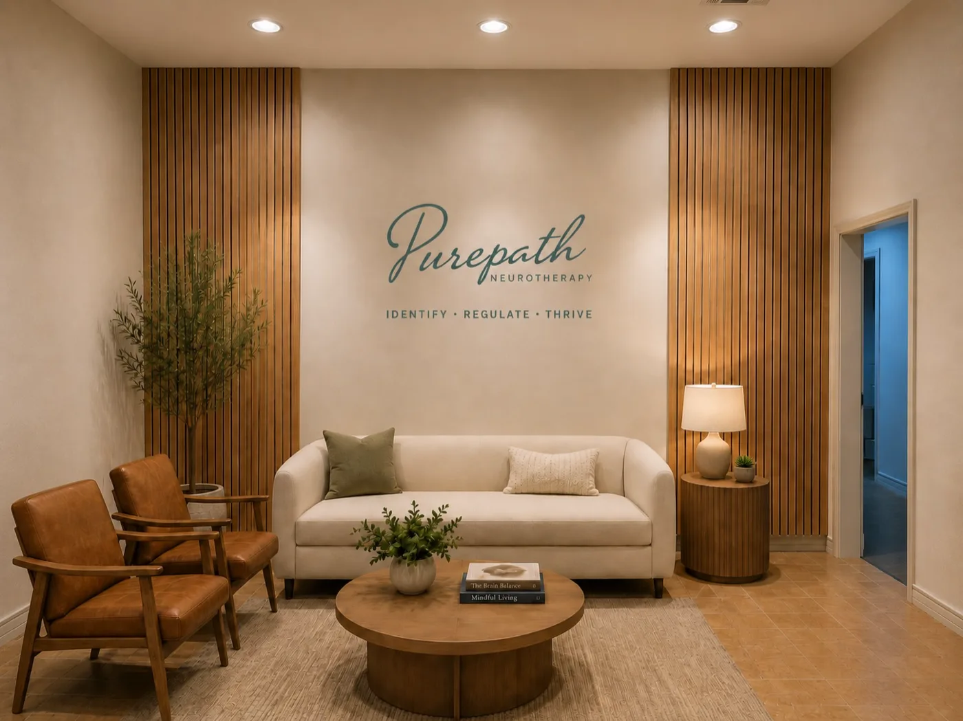 The Purepath Neurotherapy reception in Midland, Texas, with the Purepath logo on a wood-slat wall